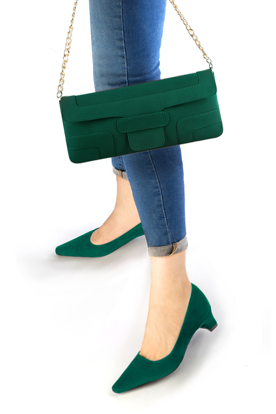 Emerald green women's dress pumps,with a square neckline. Tapered toe. Low kitten heels. Worn view - Florence KOOIJMAN